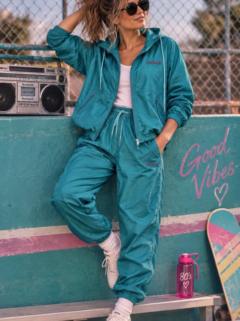 Vintage Reebok 80s 90s Teal Nylon Tracksuit Set Jacket Pants M